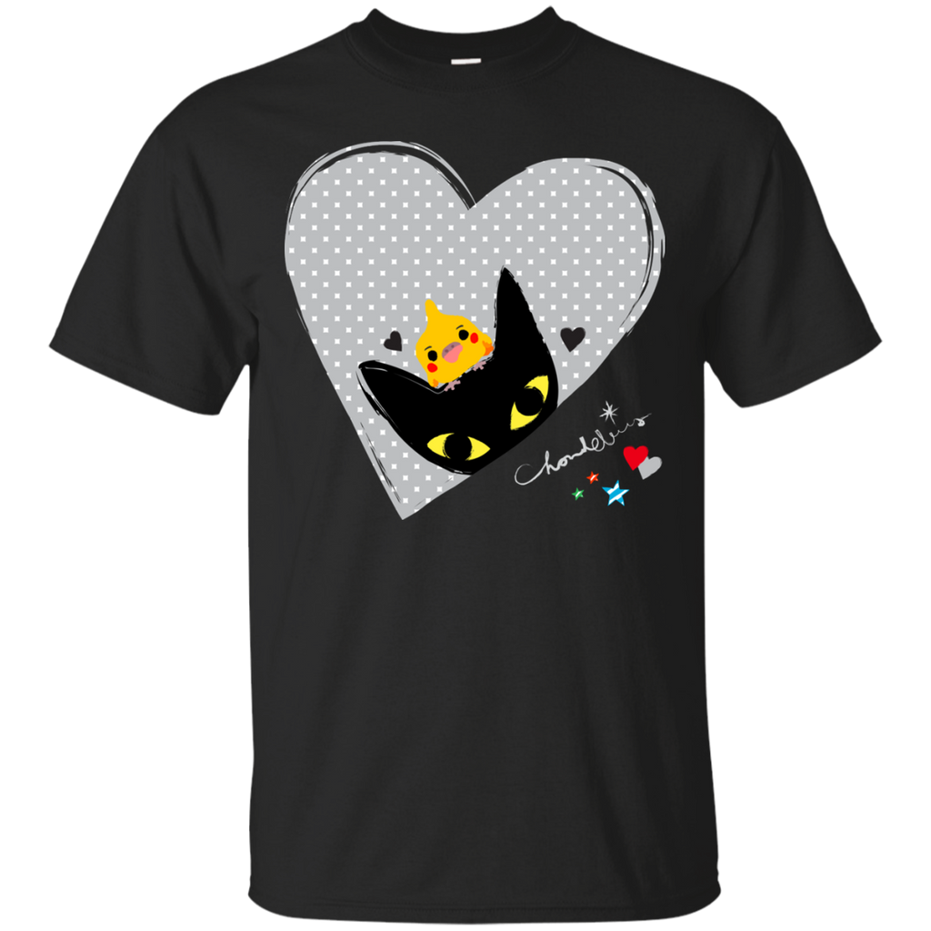 black cat,cockatiel,hearts  t- T-Shirt