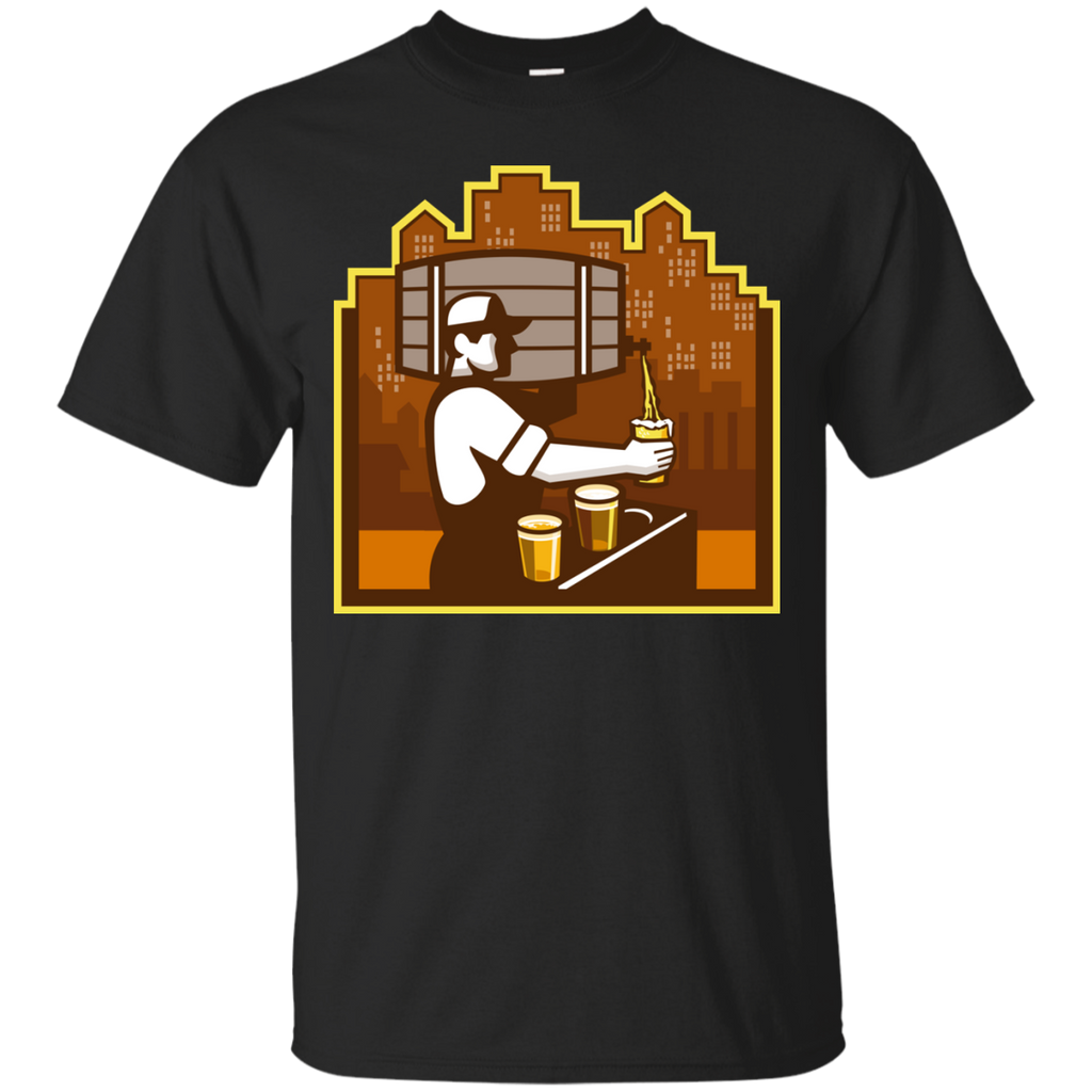 bartender pouring beer keg cityscape retro T-Shirt