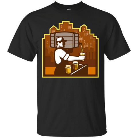bartender pouring beer keg cityscape retro T-Shirt